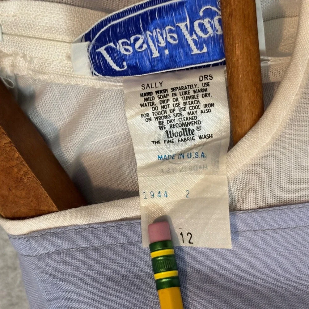 Vintage Leslie Fay Womens 12 2pc Tea Dress Set Blue White Tropical Palm Leaf 80s - Picture 6 of 14